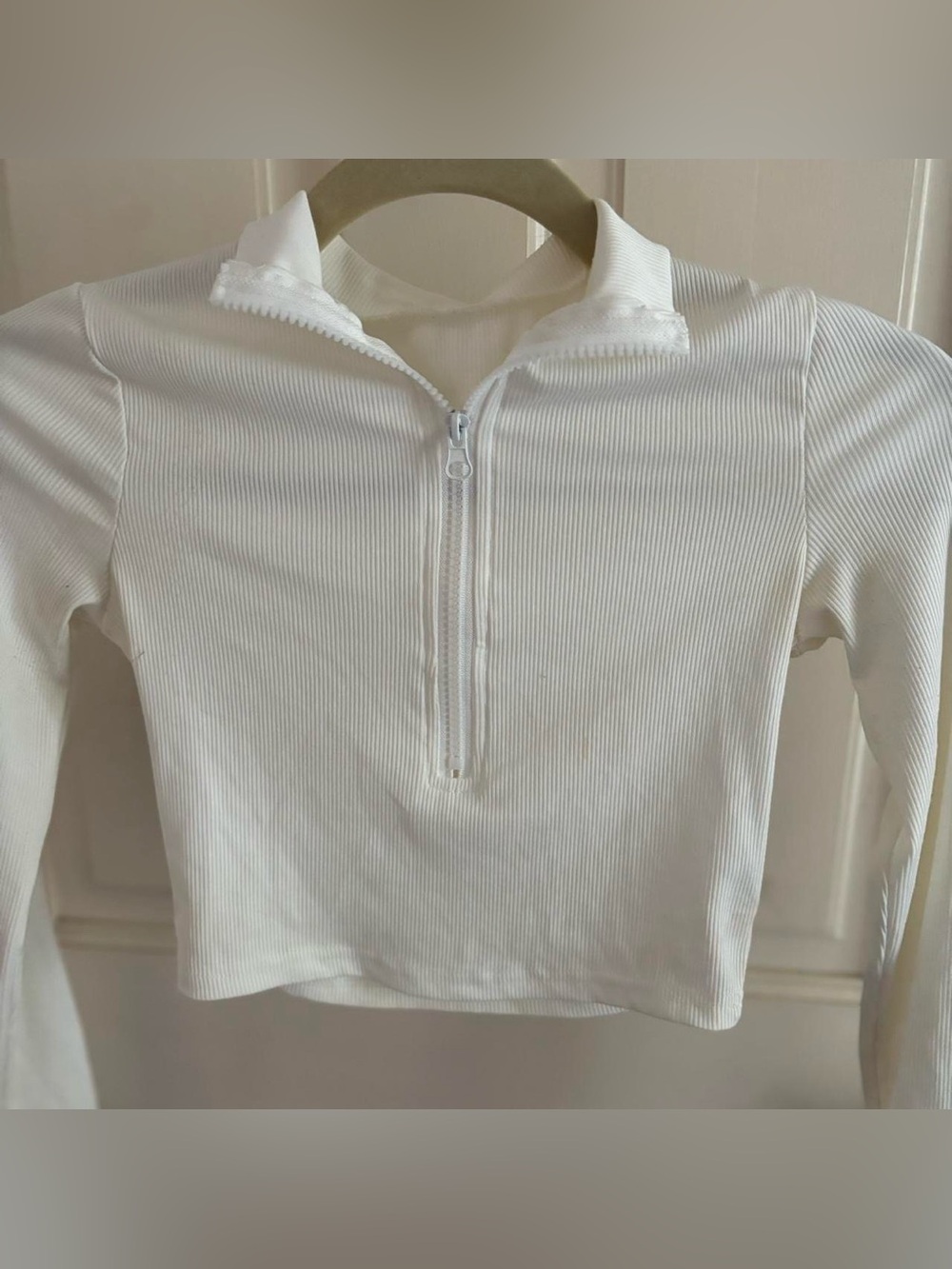 White Ribbed Half-Zip Crop Top